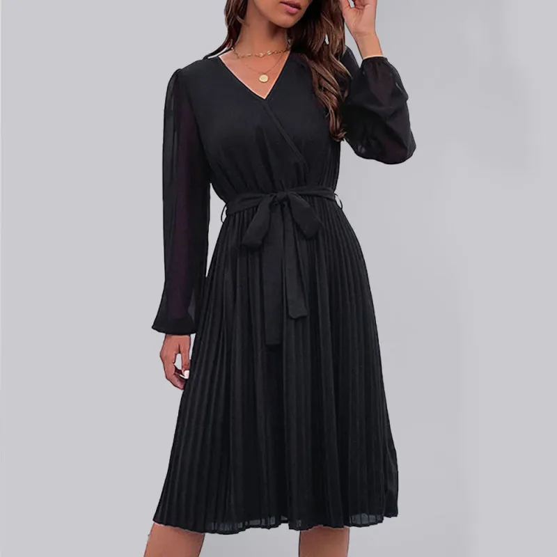 Solid Pleated Wrap Long Sleeve Belt Tie Dress