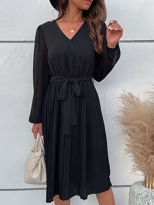 Solid Pleated Wrap Long Sleeve Belt Tie Dress