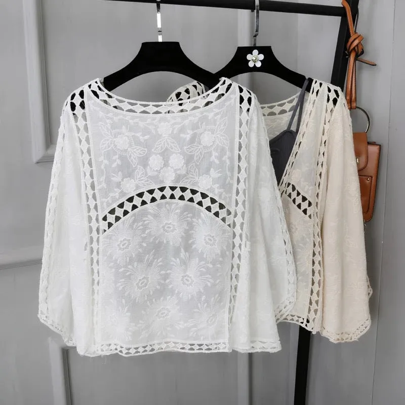 Spring/Summer Cotton Embroidered Lace Cardigan Short Bat Sleeves Loose Shawl 7/4 Sleeve Air Conditioning Sun Protection Cover Up