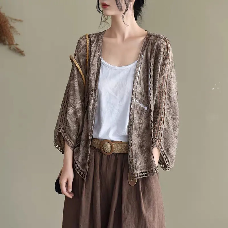 Spring/Summer Cotton Embroidered Lace Cardigan Short Bat Sleeves Loose Shawl 7/4 Sleeve Air Conditioning Sun Protection Cover Up