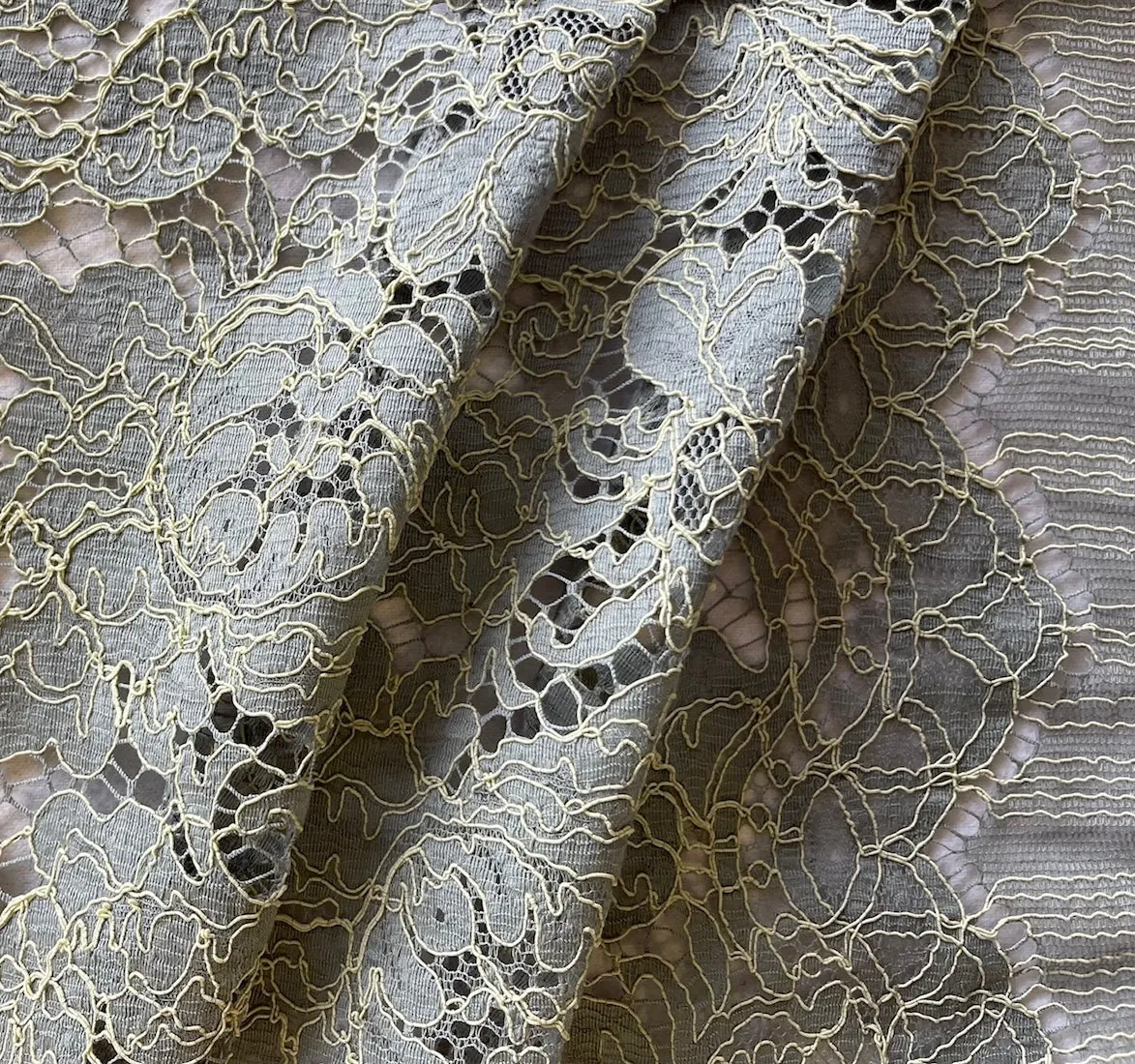 Stone & Creme Mousseline Cotton Alençon Lace Fabric (Made in France)