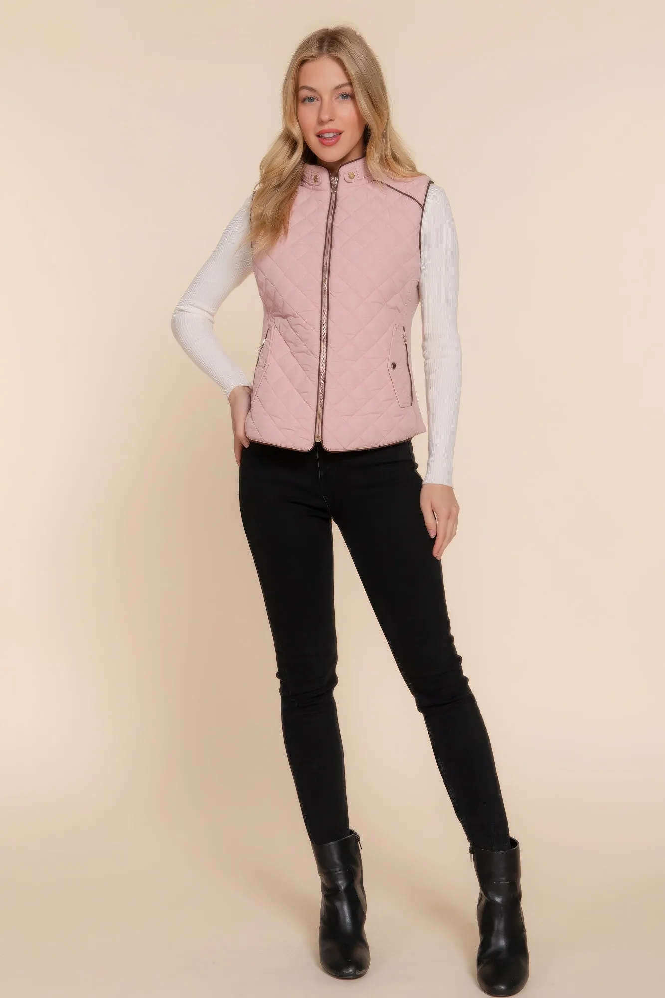 Suede Piping Quilted Padding Vest