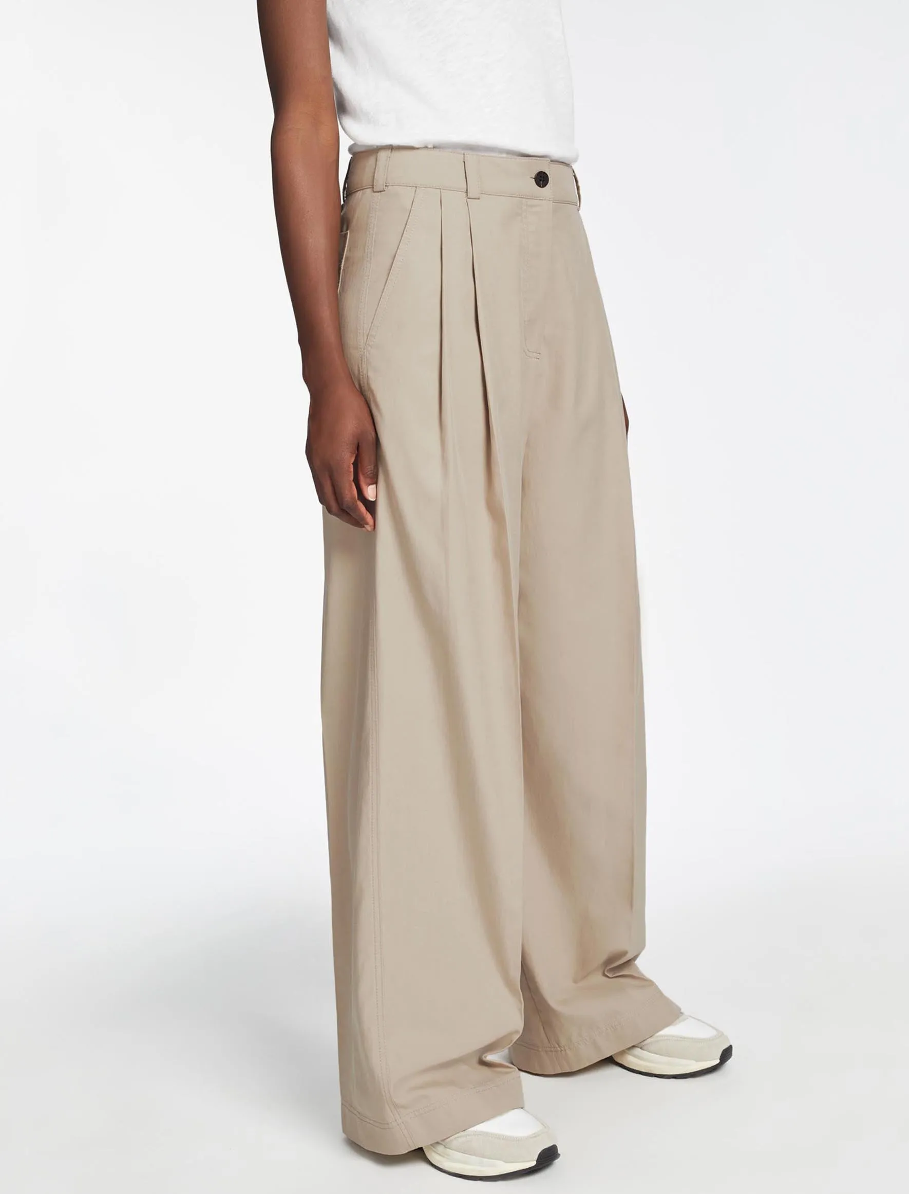 Tamara Cotton Twill Wide Leg Trouser - Beige