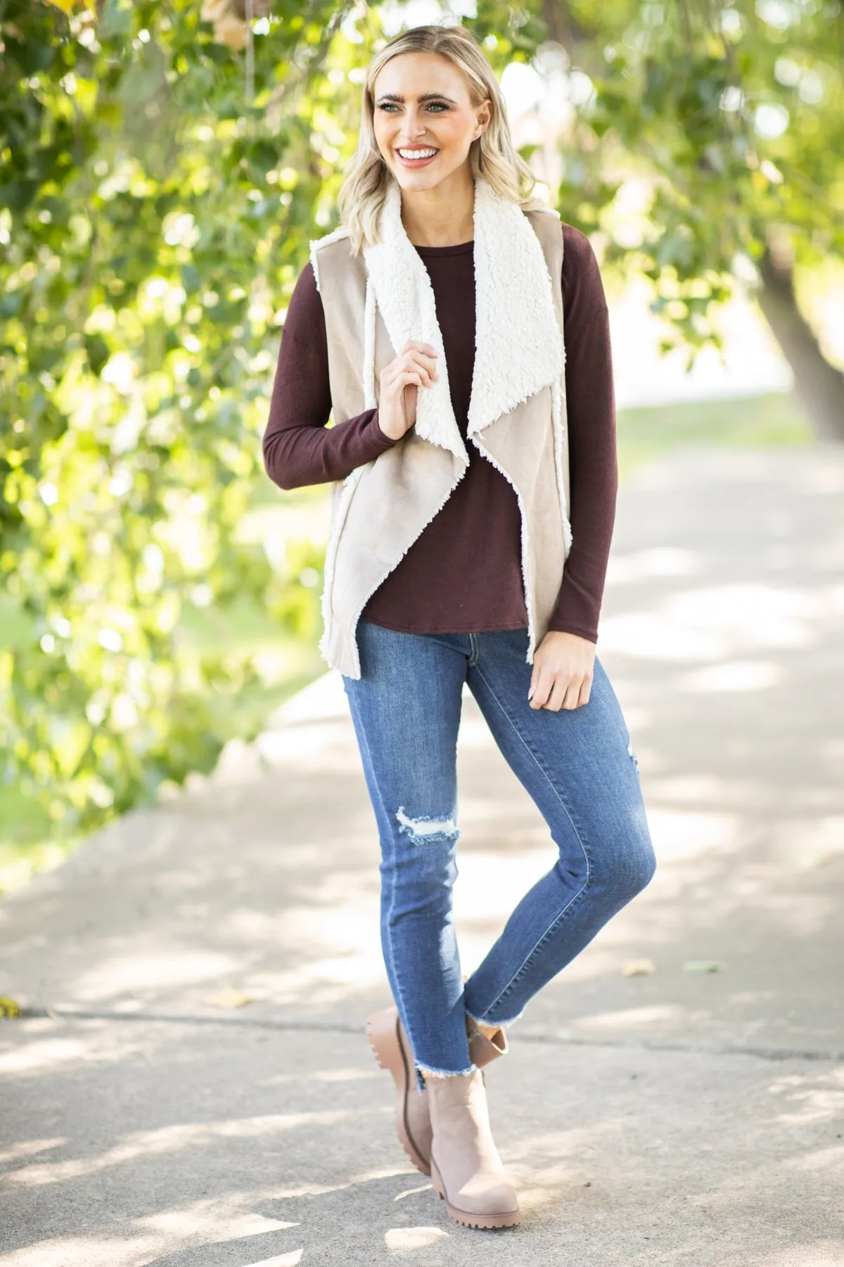 Tan Faux Suede Sherpa Lined Vest