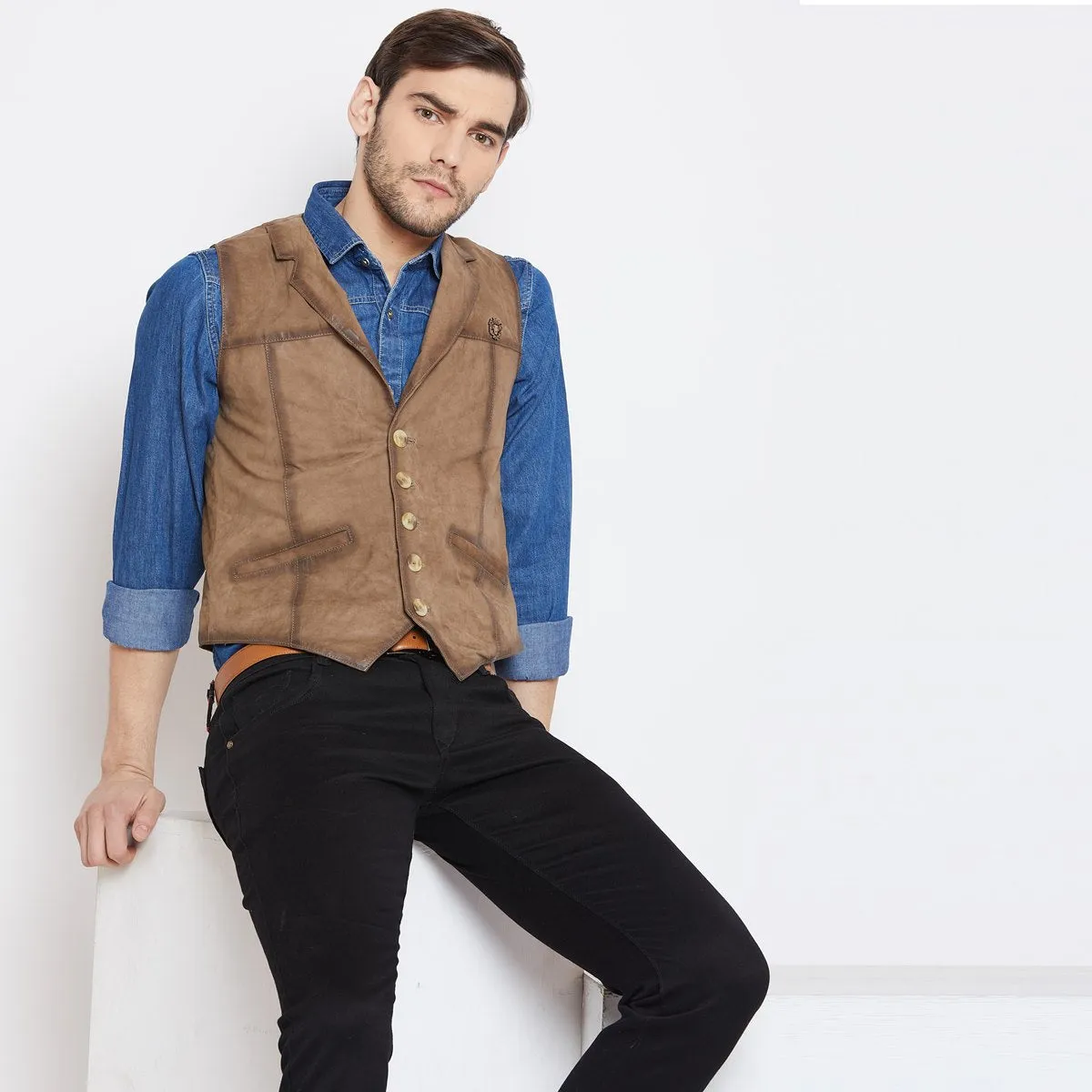 Taupe Leather Cowboy Look Vests By  Brune & Bareskin