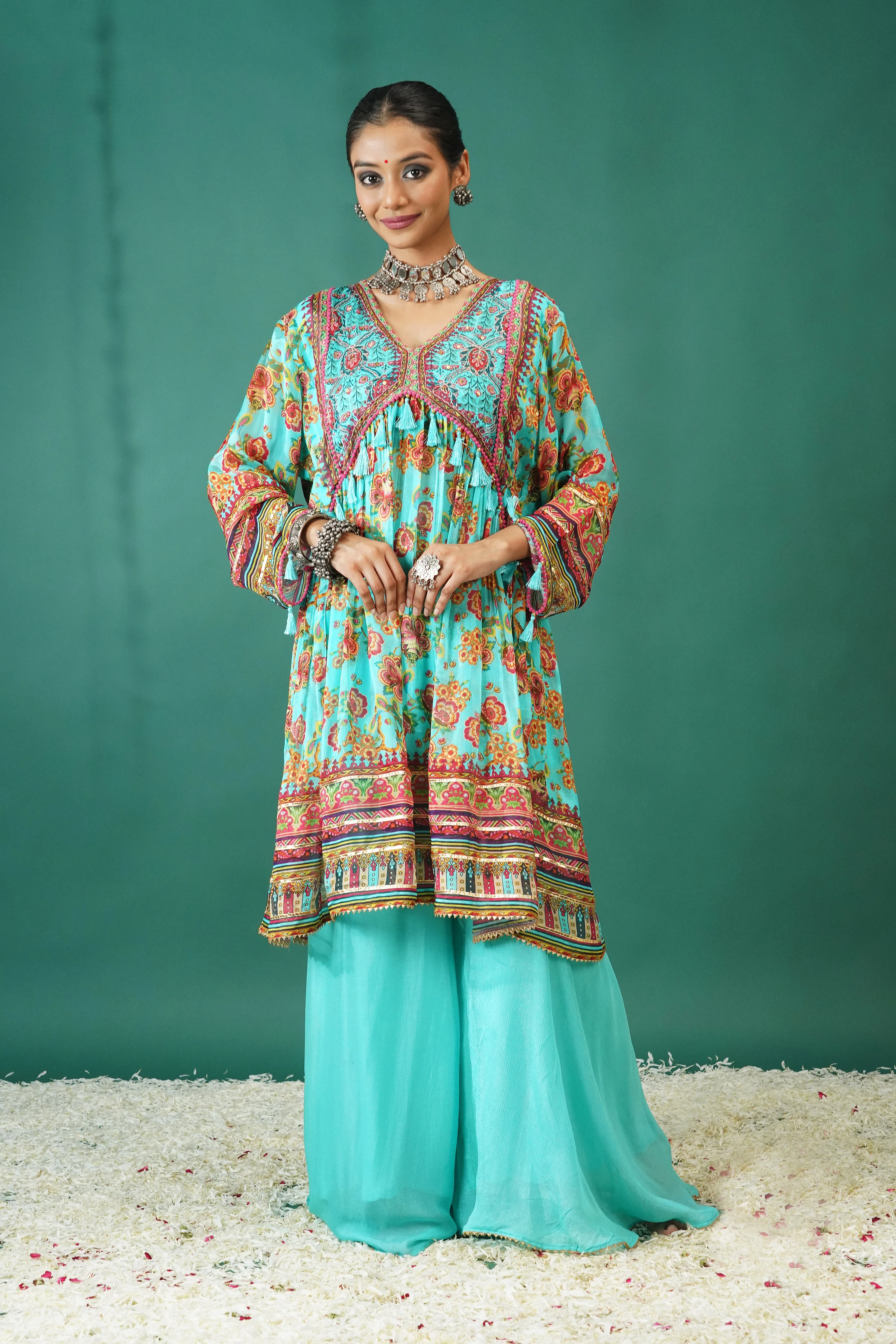 Teal Traditional Printed Chinon Silk Palazzo Set