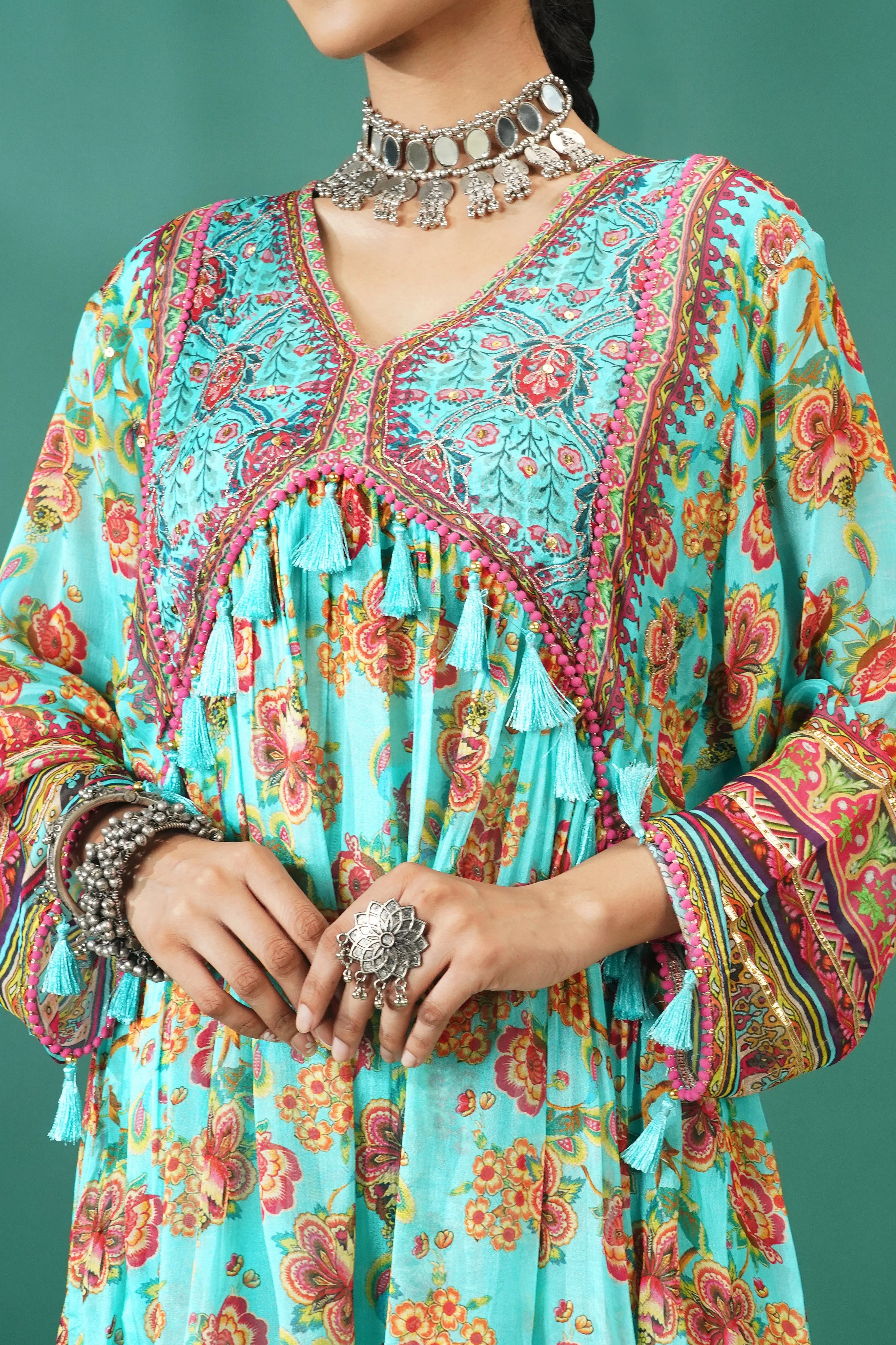 Teal Traditional Printed Chinon Silk Palazzo Set