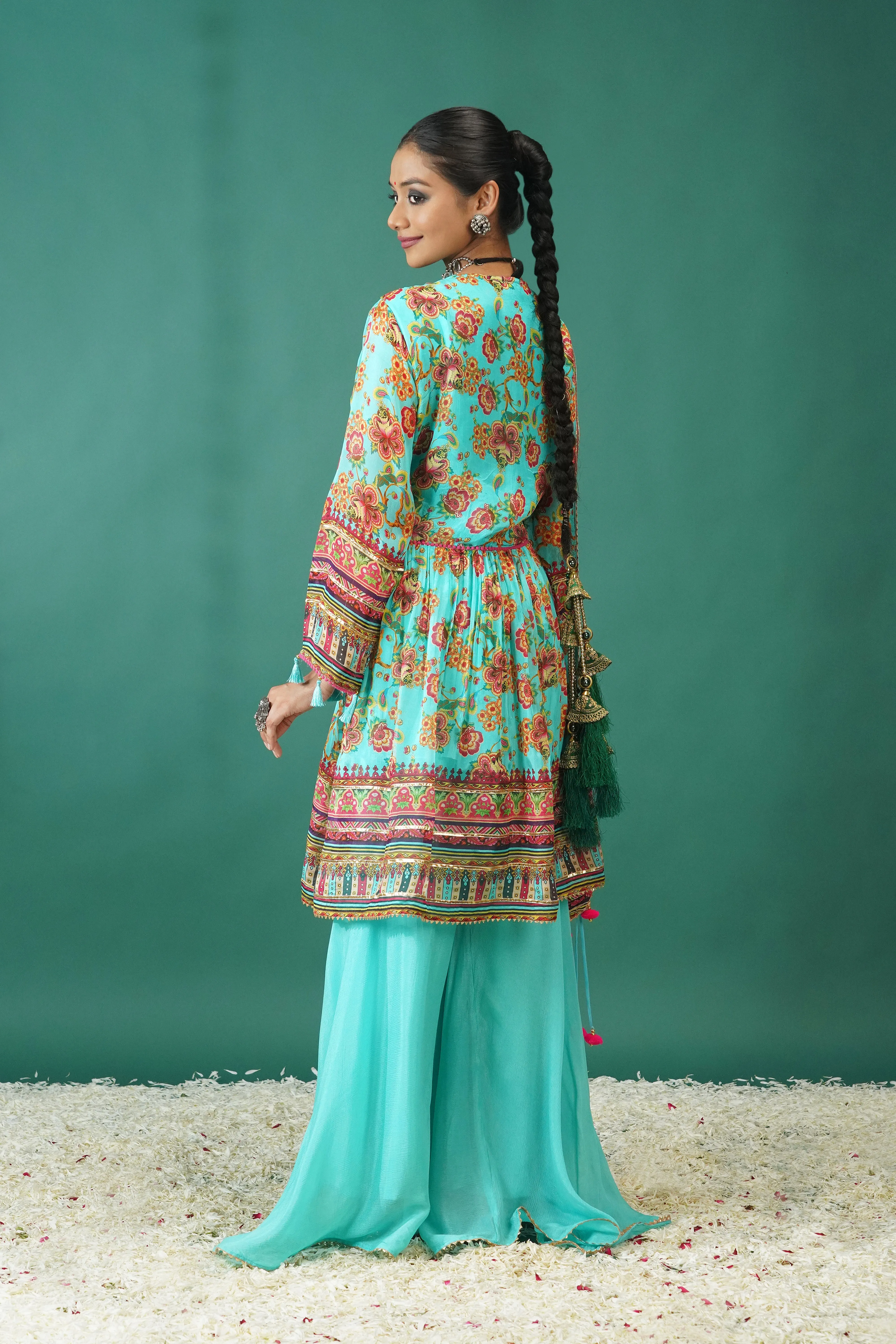 Teal Traditional Printed Chinon Silk Palazzo Set