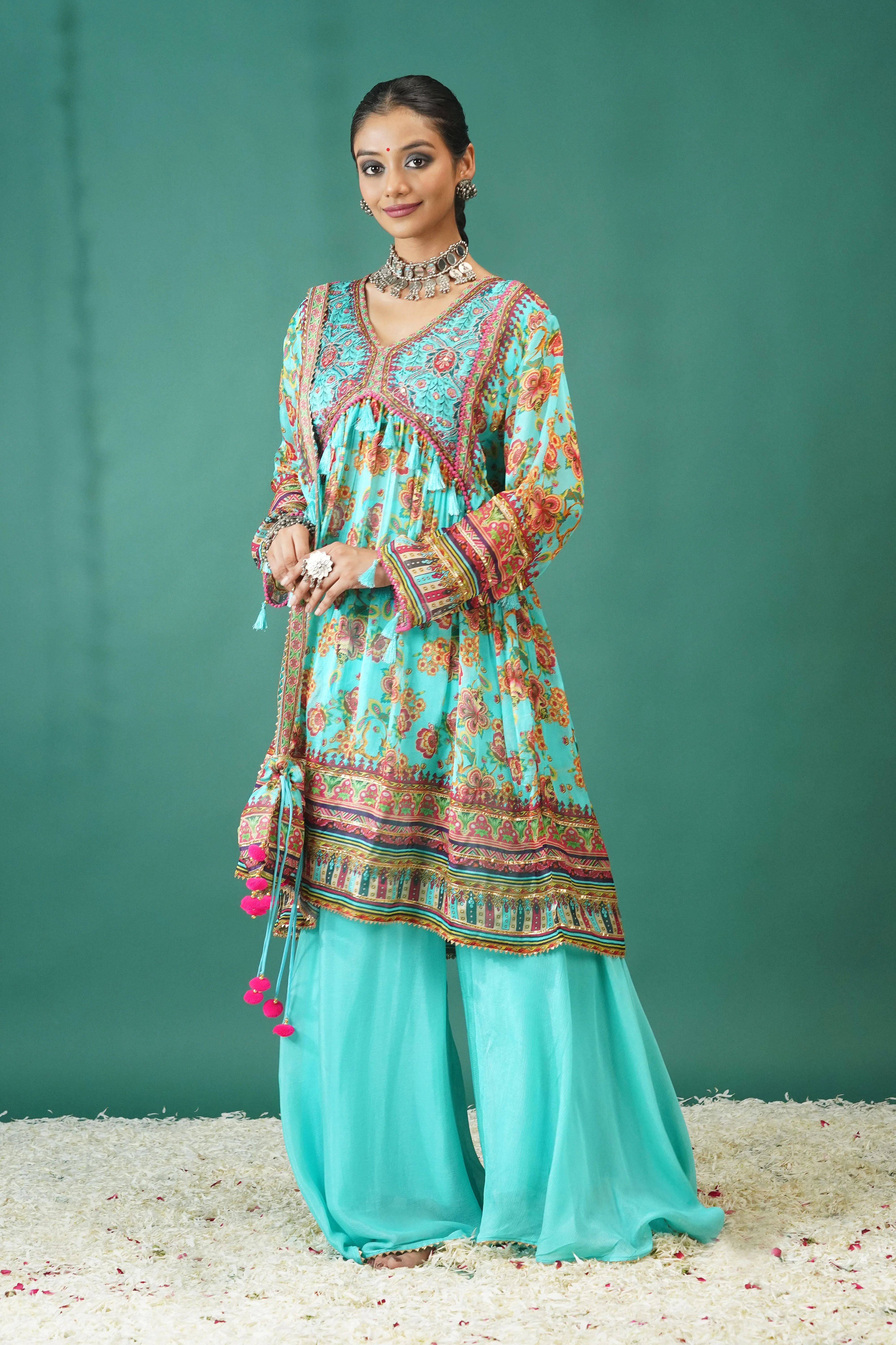 Teal Traditional Printed Chinon Silk Palazzo Set