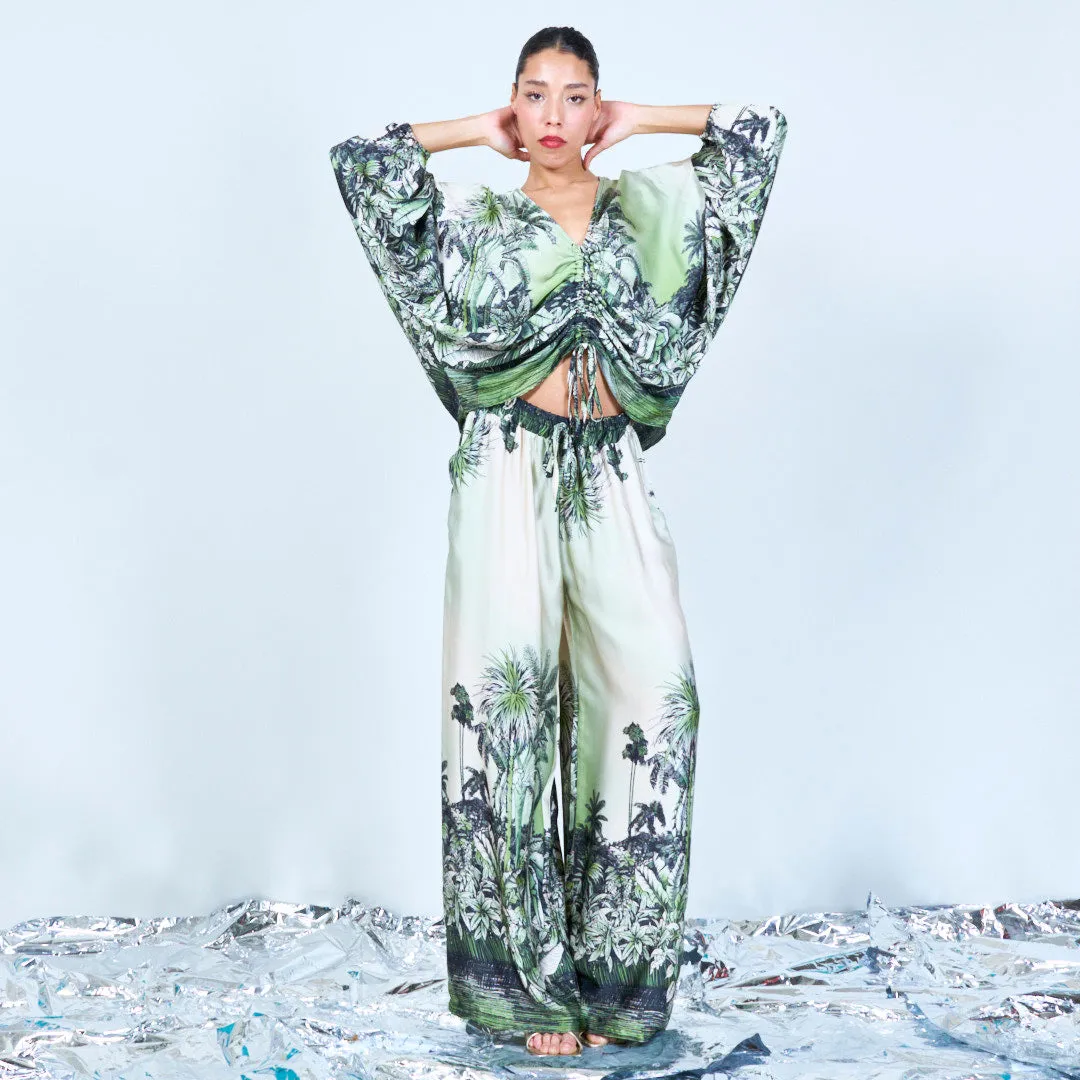 Tropical print silk touch wide-leg pants wholesale