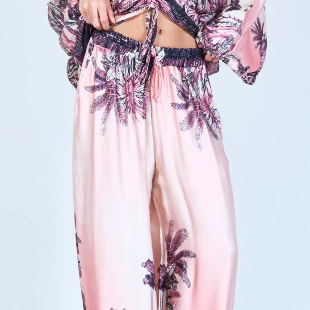 Tropical print silk touch wide-leg pants wholesale