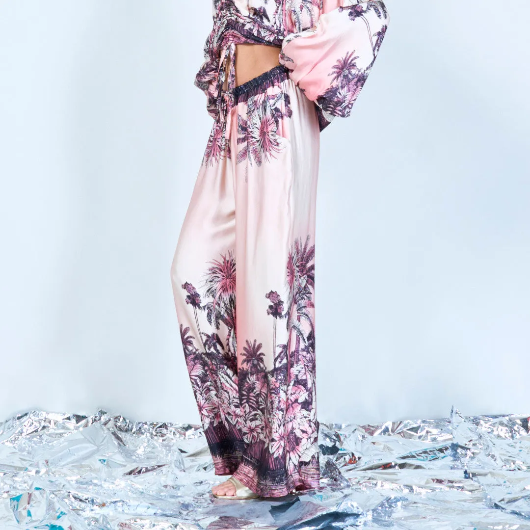 Tropical print silk touch wide-leg pants wholesale