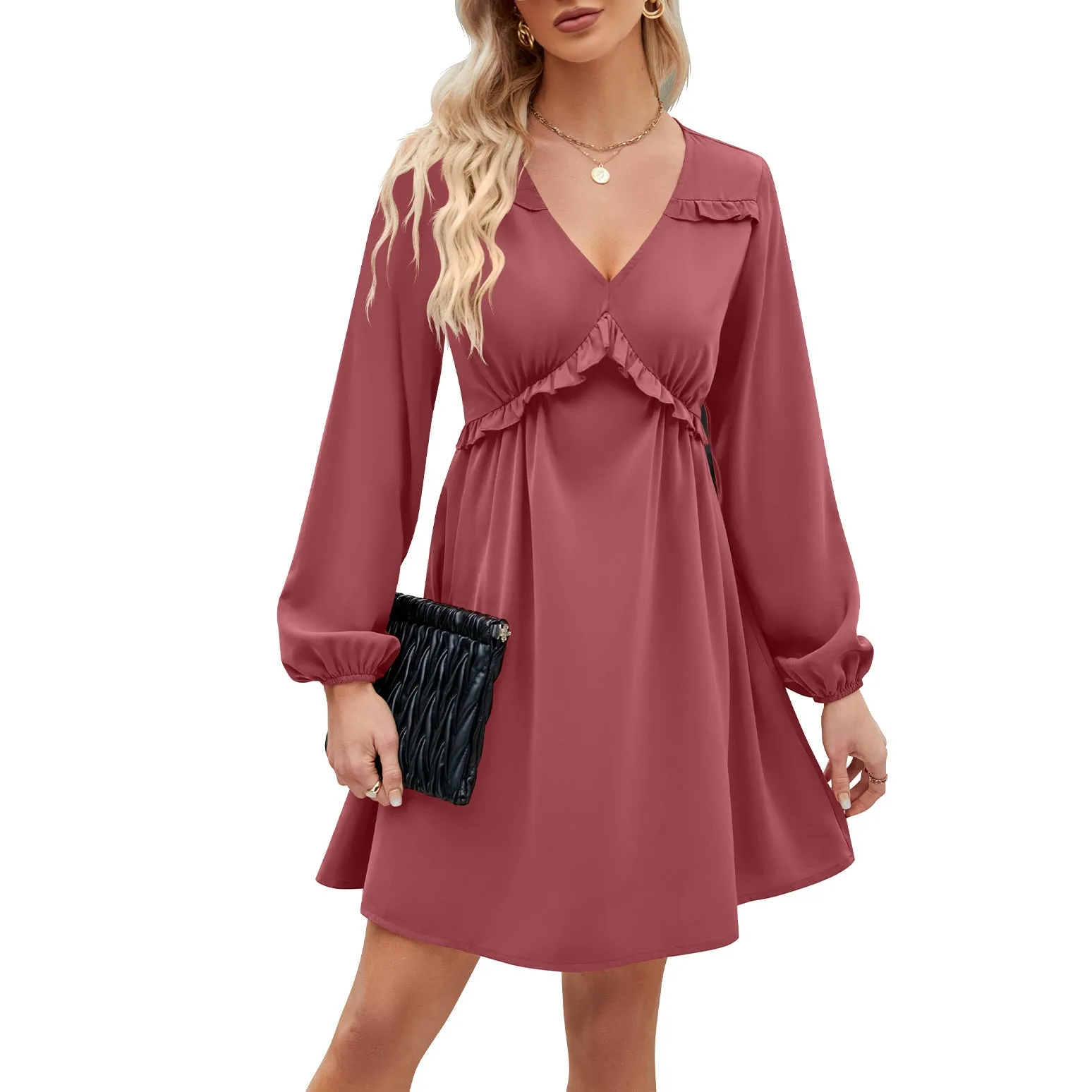 V-Neck Slim Solid Color A-Line Long-Sleeved Dress Wholesale Dresses