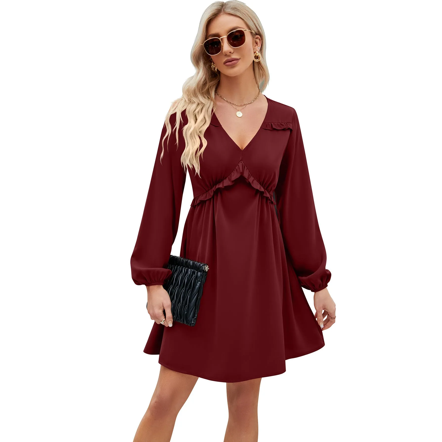 V-Neck Slim Solid Color A-Line Long-Sleeved Dress Wholesale Dresses