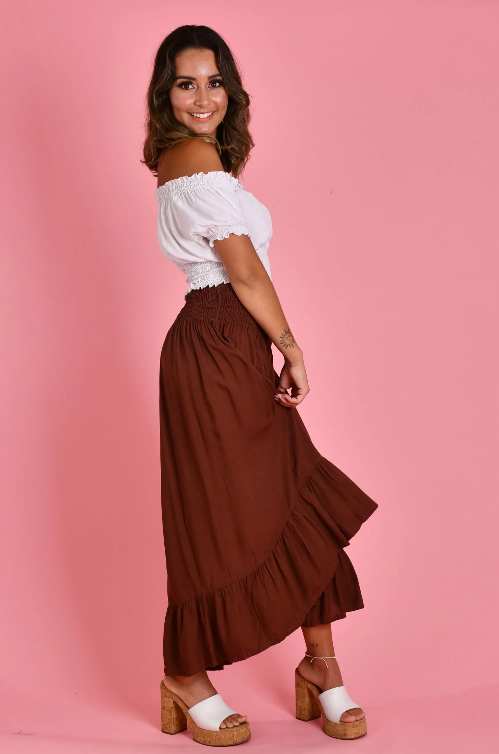 VGLK050 - ROUCHED MIDI SKIRT - CHOCOLATE