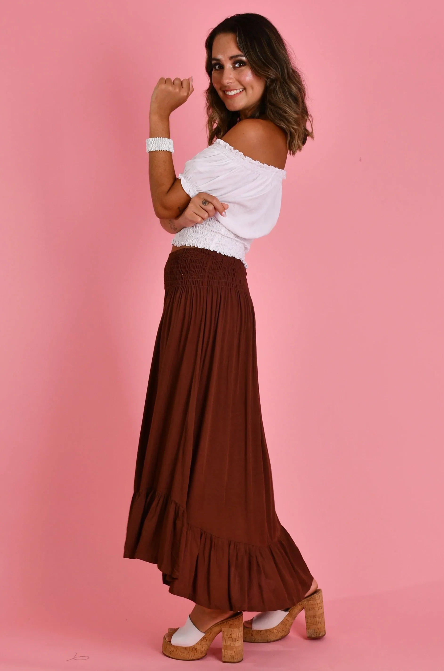 VGLK050 - ROUCHED MIDI SKIRT - CHOCOLATE