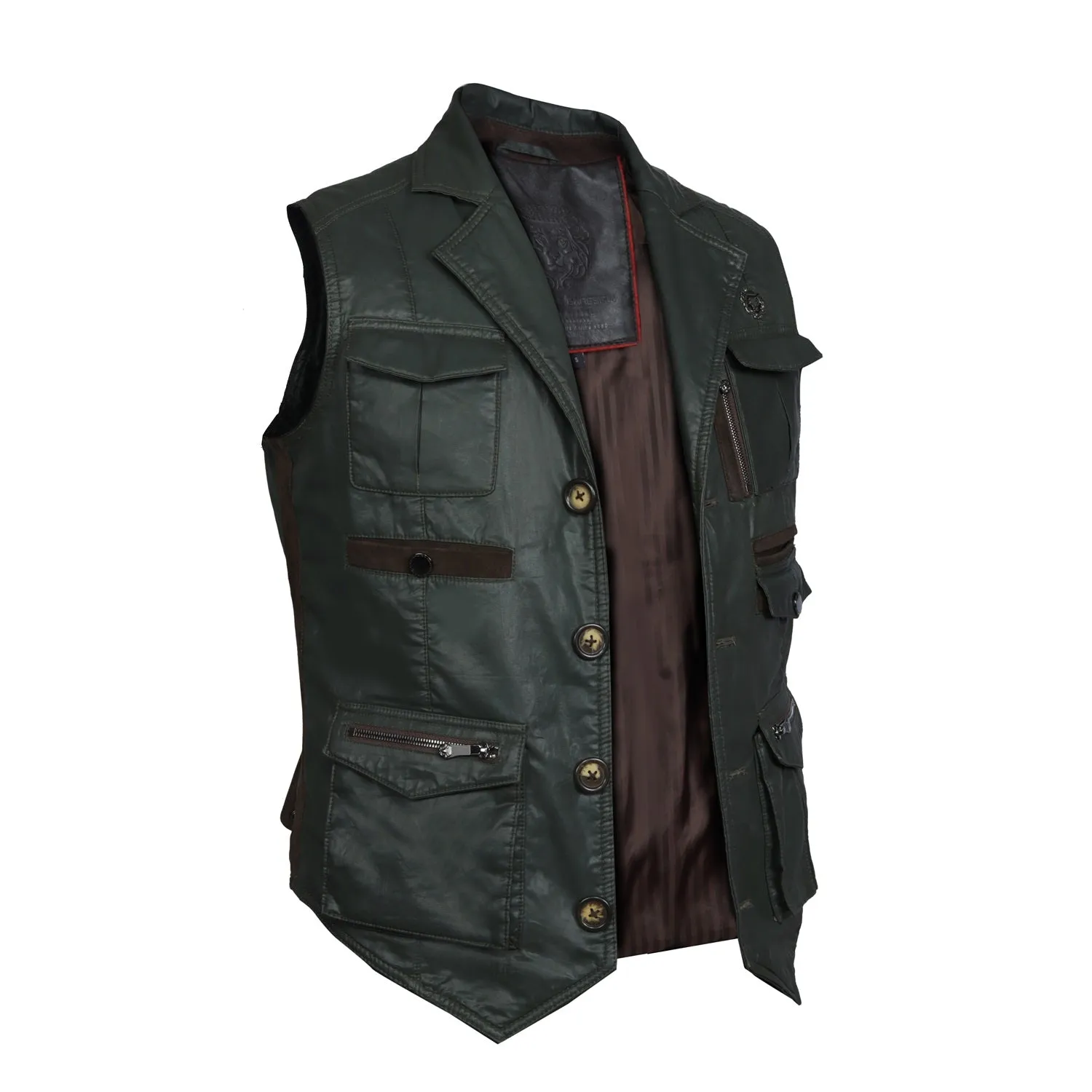 Warm & stylish Multi Pockets Vests in Green Waxy Cotton