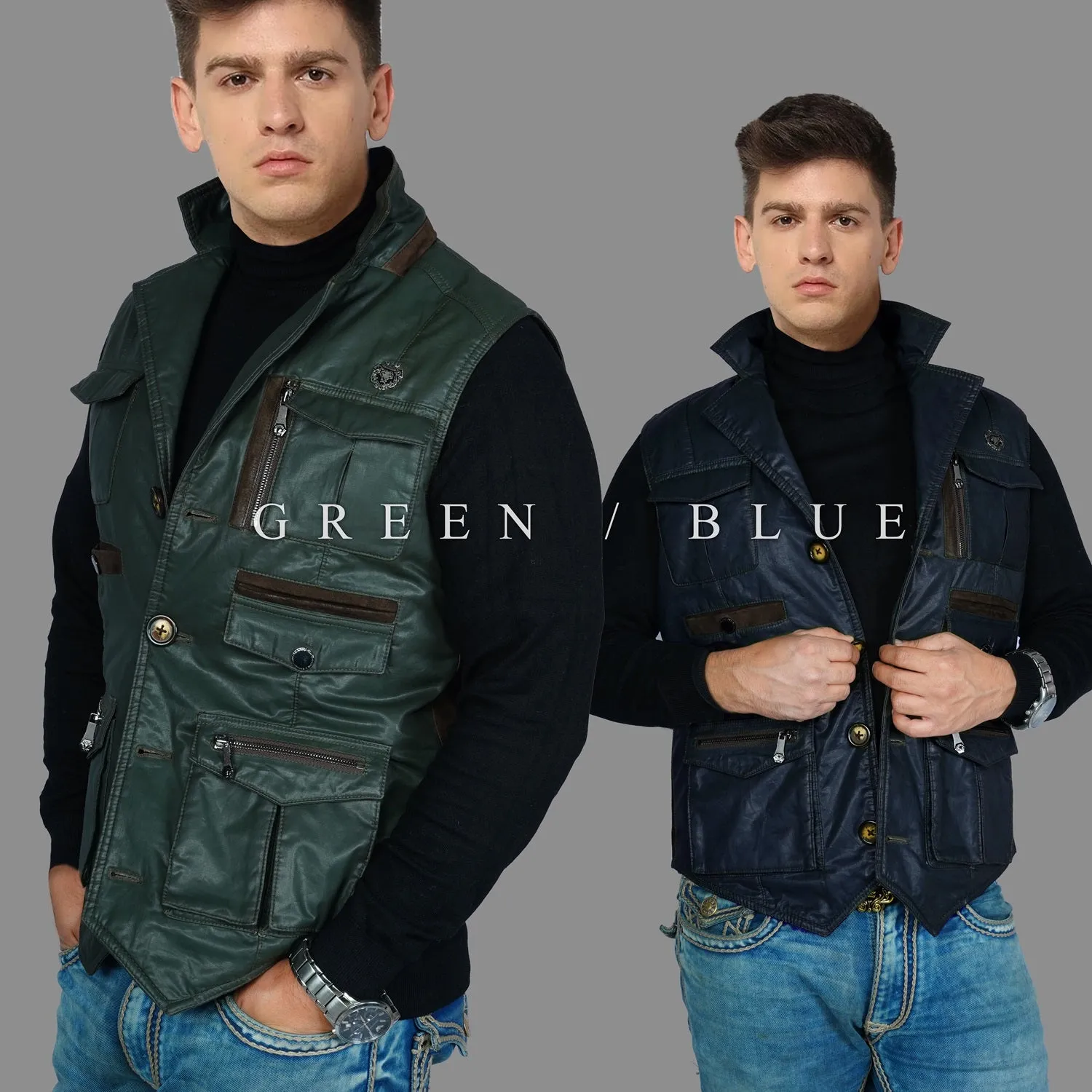 Warm & stylish Multi Pockets Vests in Green Waxy Cotton