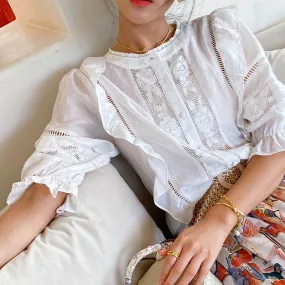 White Cotton Short Sleeve Lace Panels Shirt Ruffled