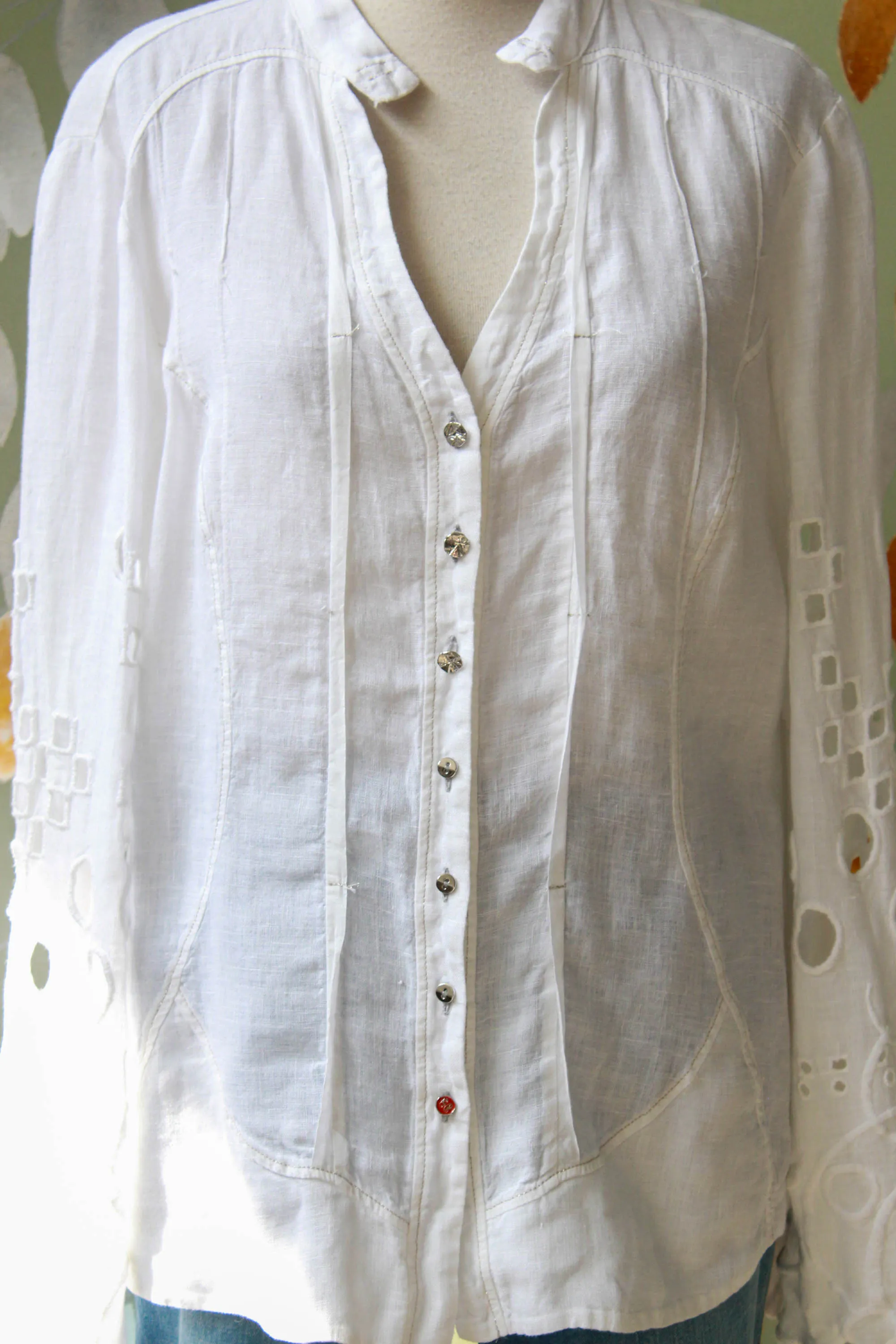 White Embroidered Italian Linen Blouse, Medium