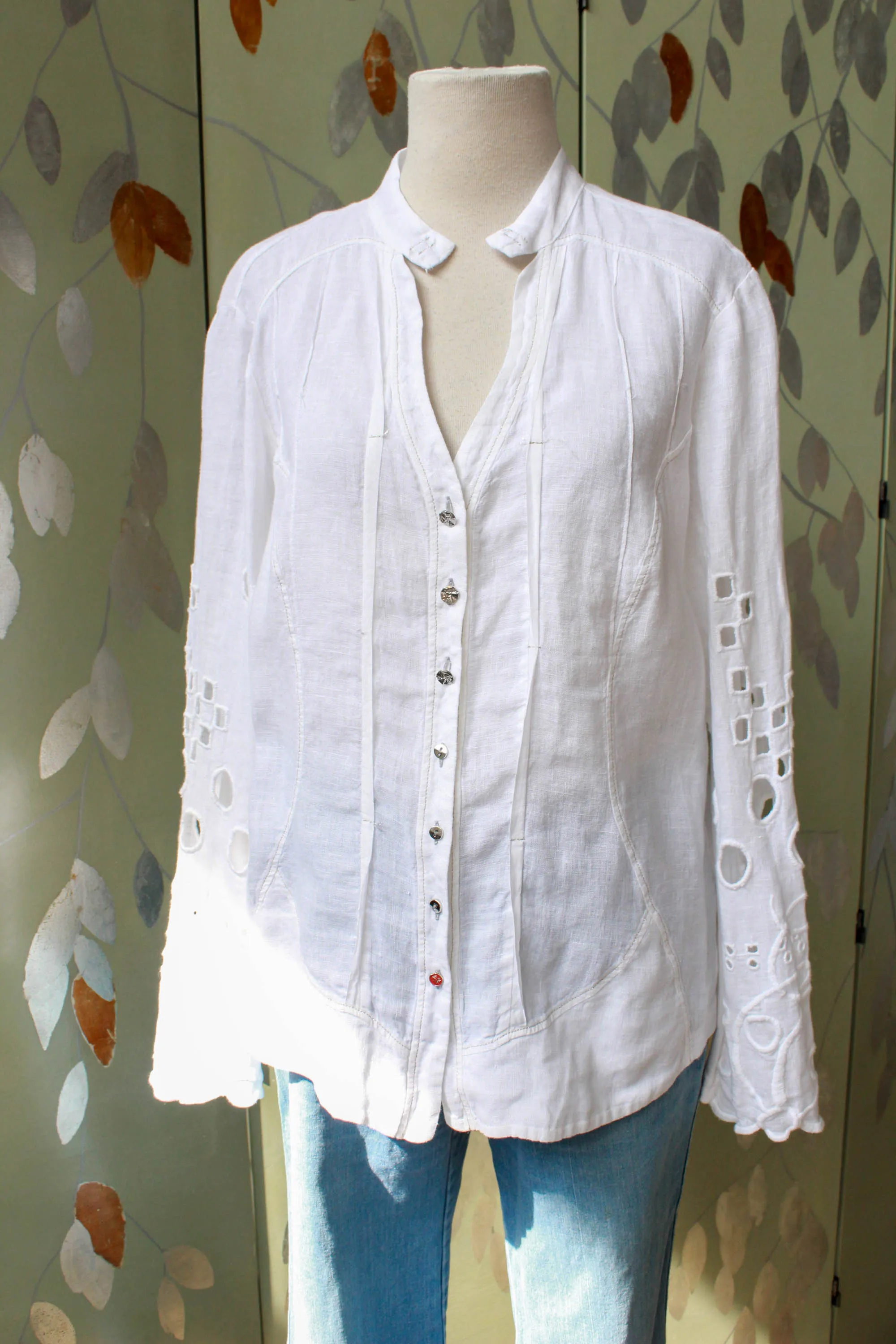 White Embroidered Italian Linen Blouse, Medium