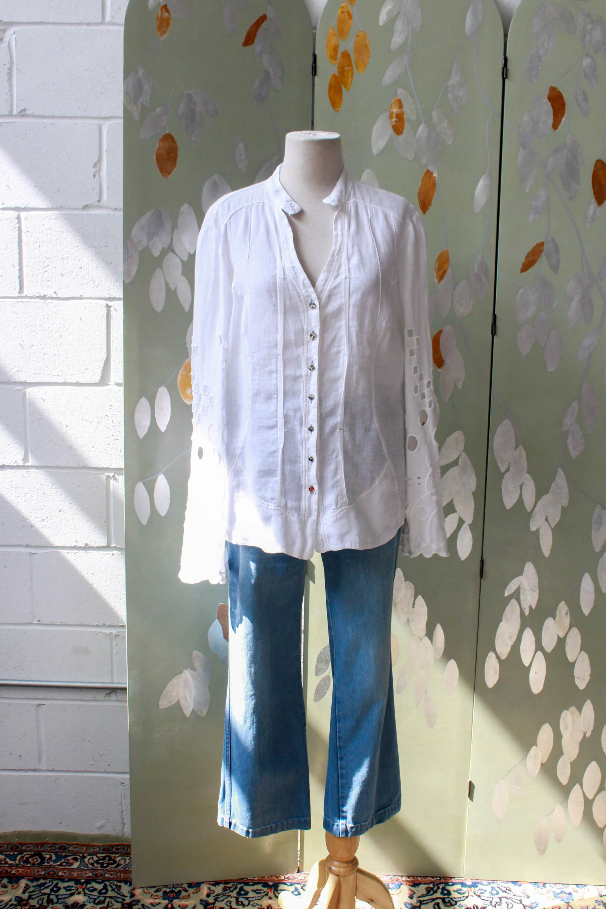 White Embroidered Italian Linen Blouse, Medium