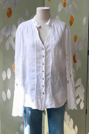 White Embroidered Italian Linen Blouse, Medium