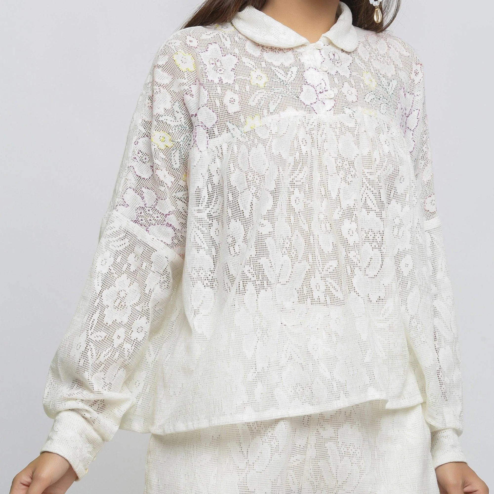 White Floral Hand-Embroidered Cotton Lace Yoked Shirt