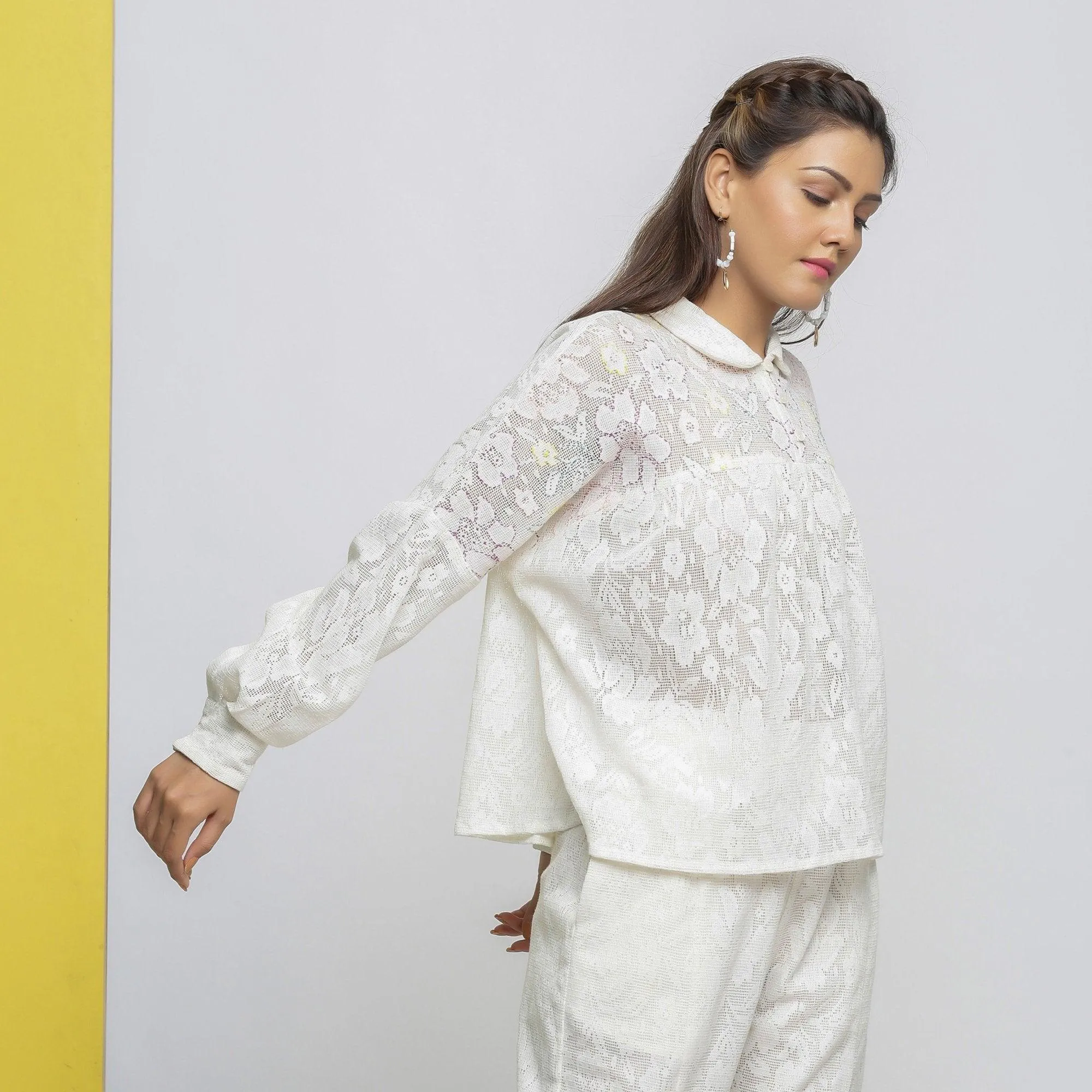 White Floral Hand-Embroidered Cotton Lace Yoked Shirt