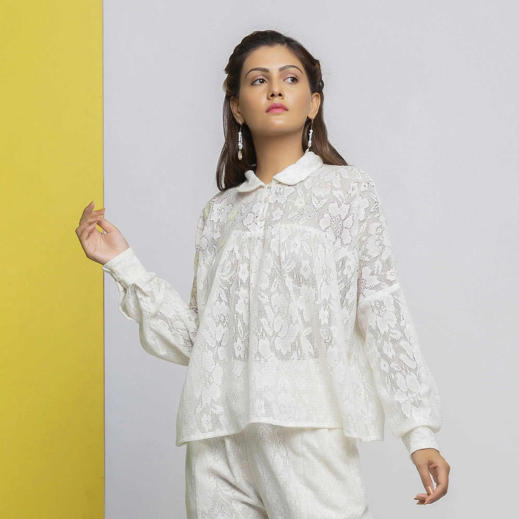 White Floral Hand-Embroidered Cotton Lace Yoked Shirt