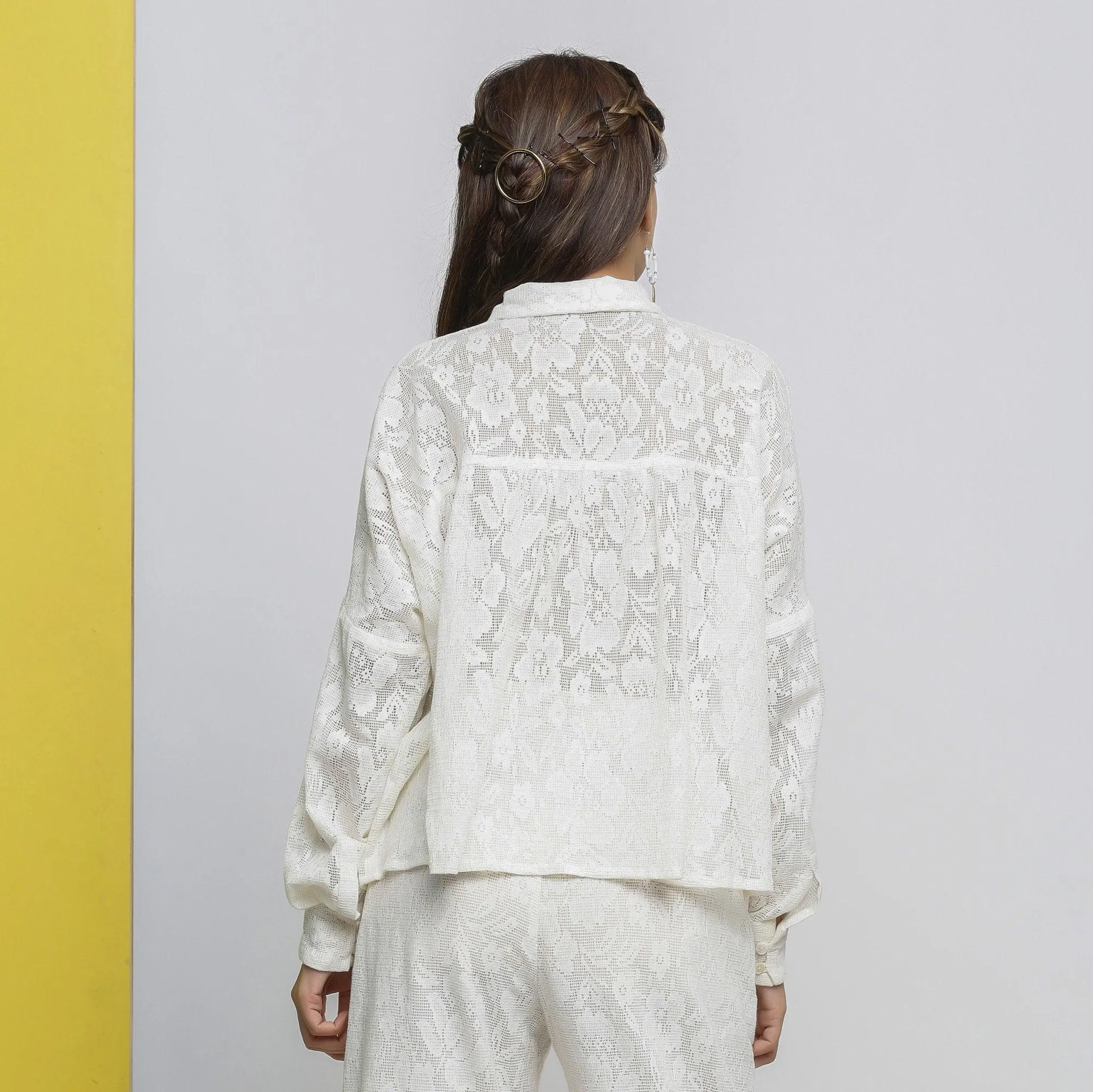 White Floral Hand-Embroidered Cotton Lace Yoked Shirt