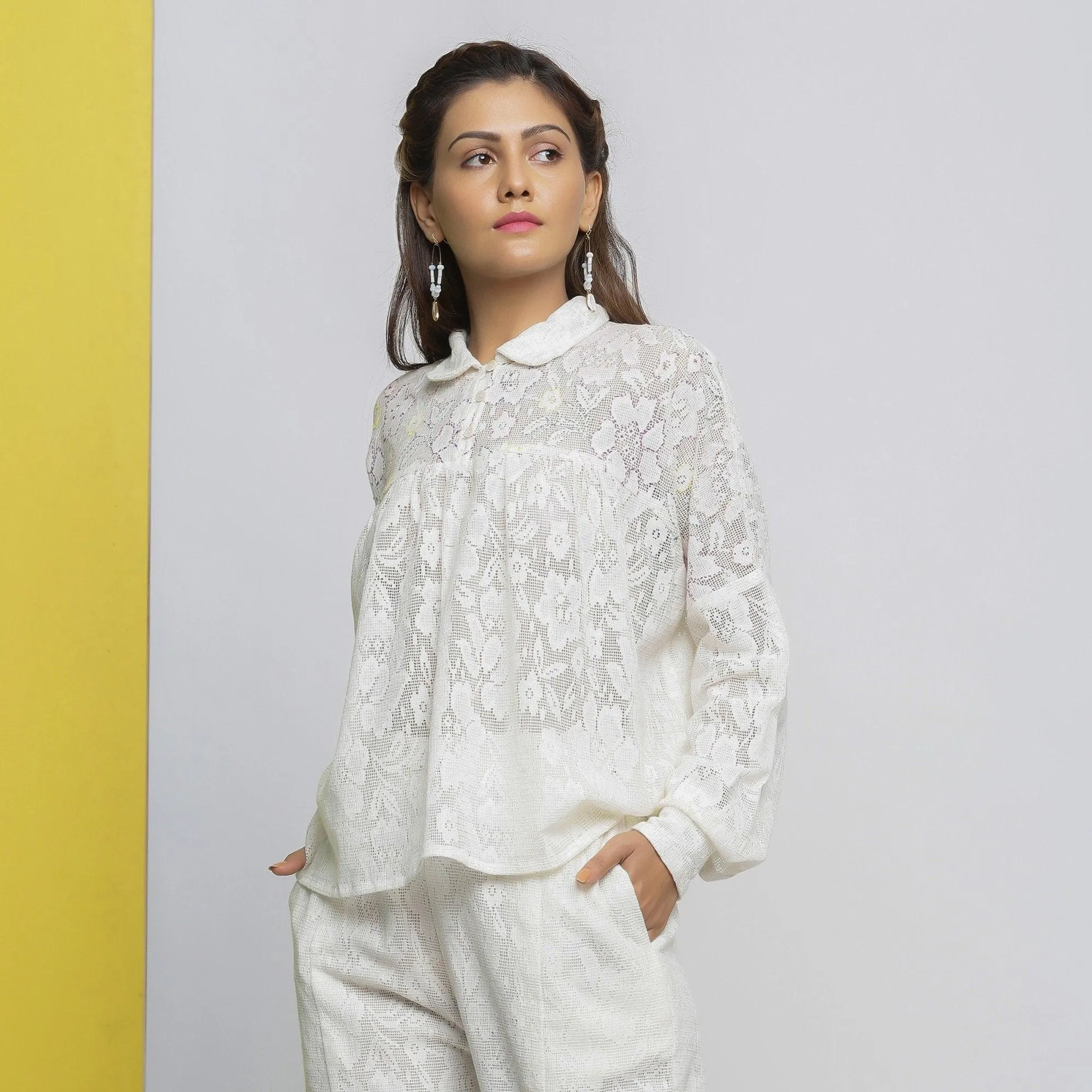 White Floral Hand-Embroidered Cotton Lace Yoked Shirt