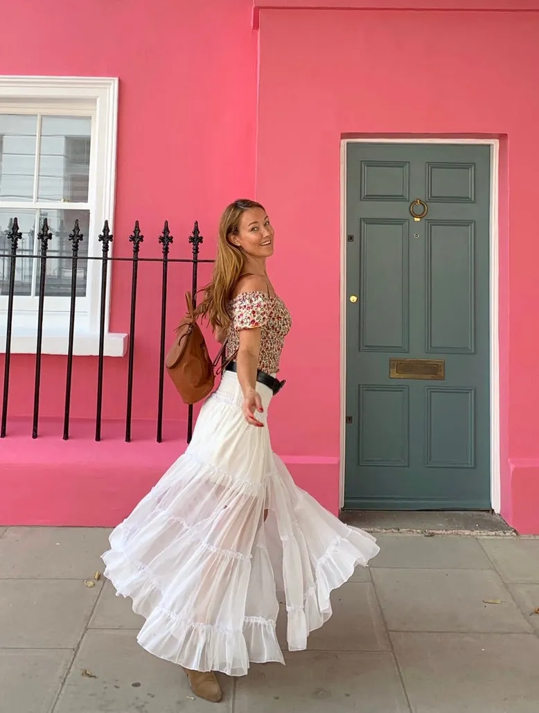 White silk/chiffon tiered maxi skirt