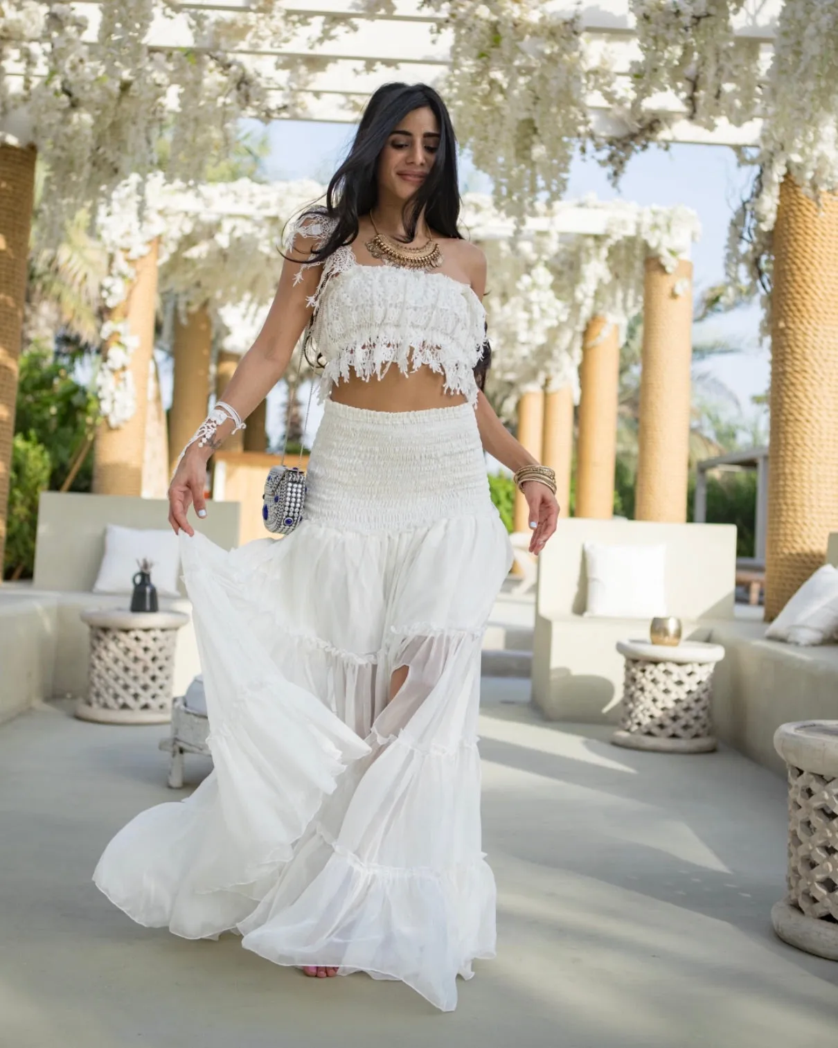 White silk/chiffon tiered maxi skirt