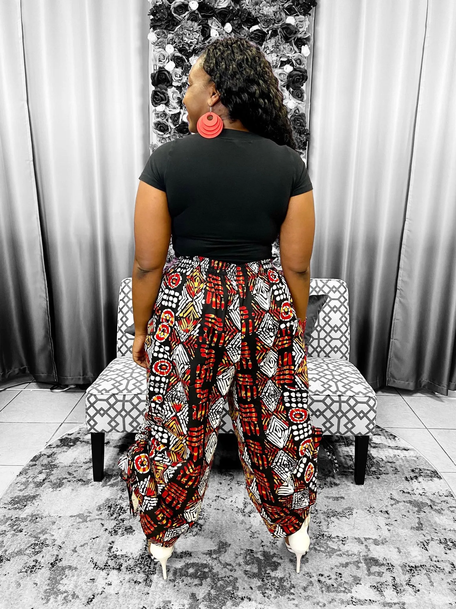 Women Long Palazzo Pants - Tribal Print Red & White