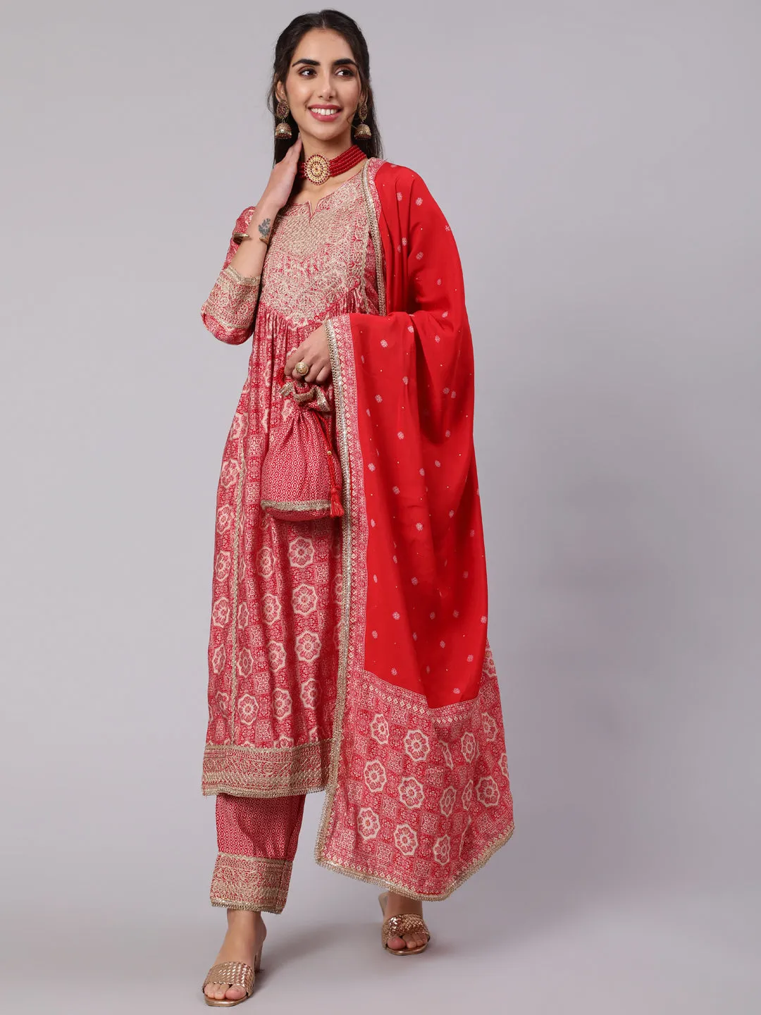 Women Red Muslin Nyara Cut A-Line Kurta Trouser Dupatta & Fancy Potli Set