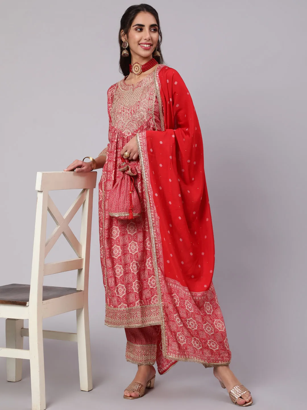 Women Red Muslin Nyara Cut A-Line Kurta Trouser Dupatta & Fancy Potli Set