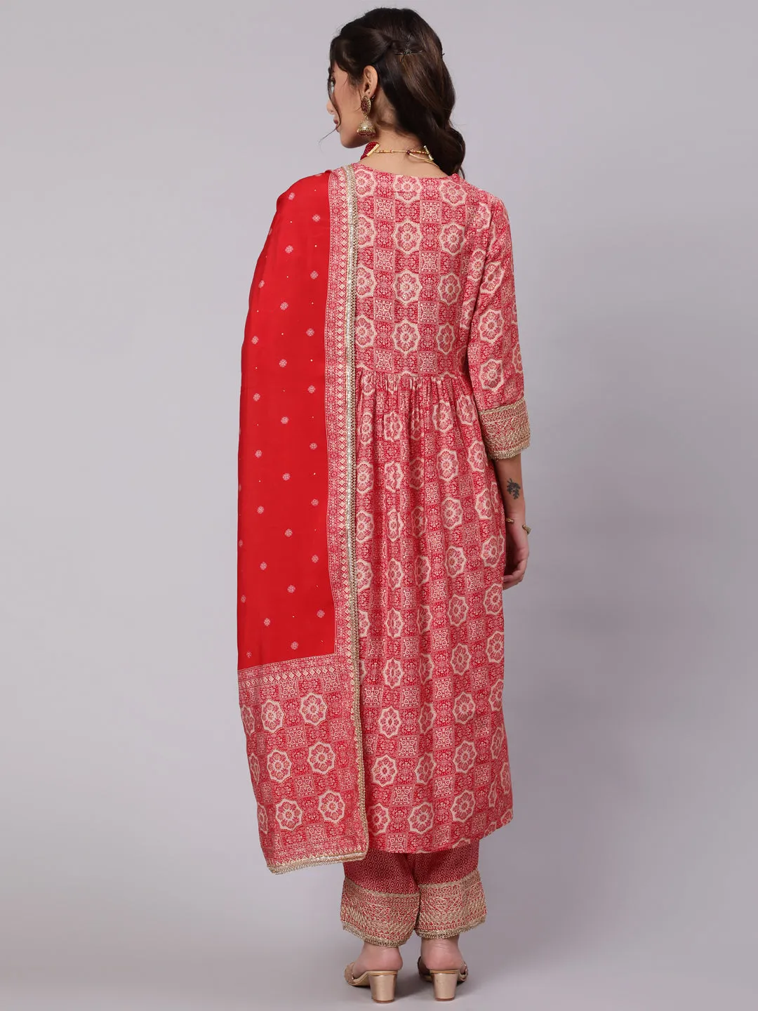 Women Red Muslin Nyara Cut A-Line Kurta Trouser Dupatta & Fancy Potli Set