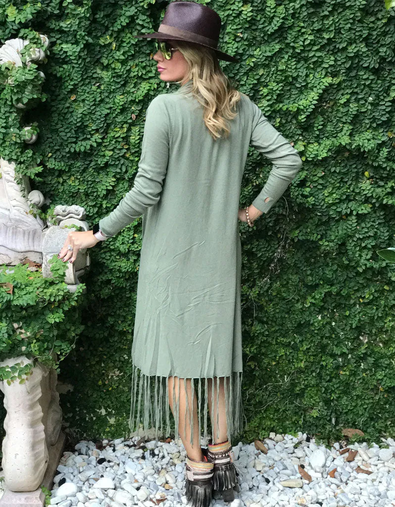 Zella Fringe Duster Cardigan in Moss