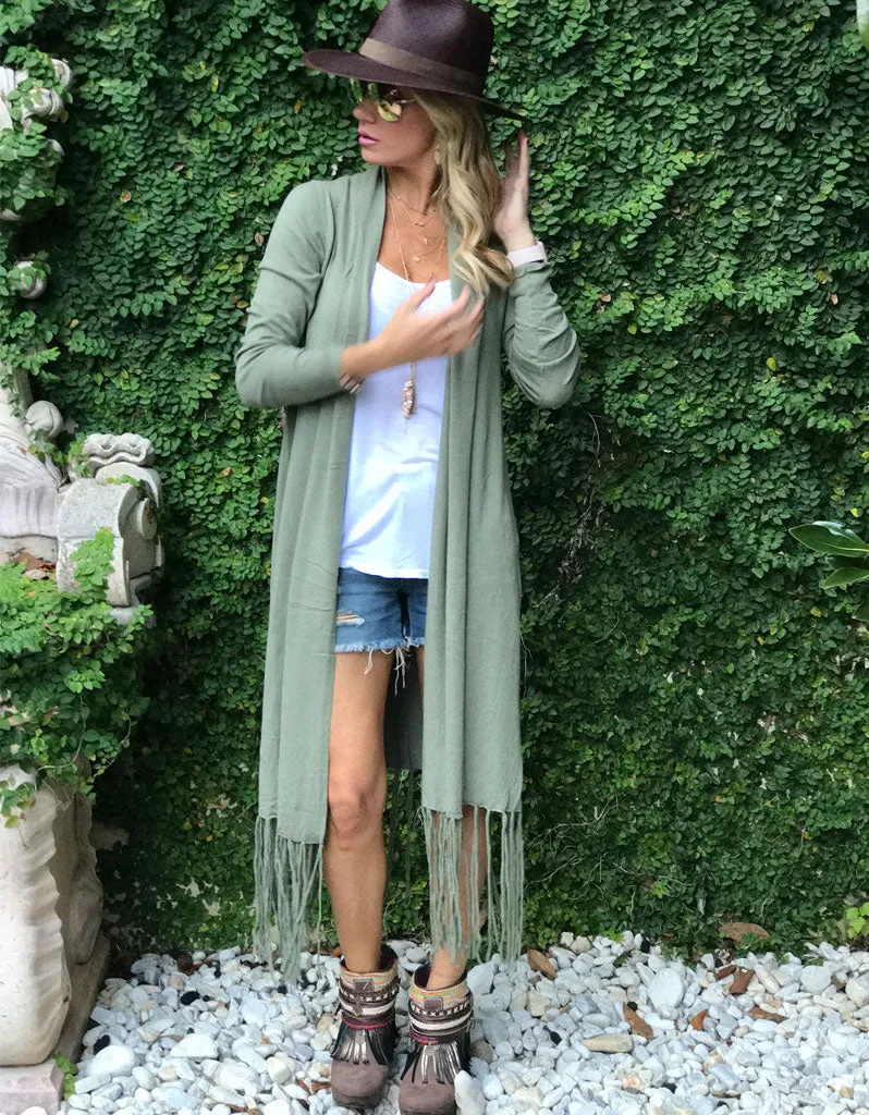 Zella Fringe Duster Cardigan in Moss