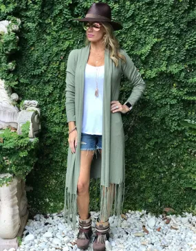 Zella Fringe Duster Cardigan in Moss