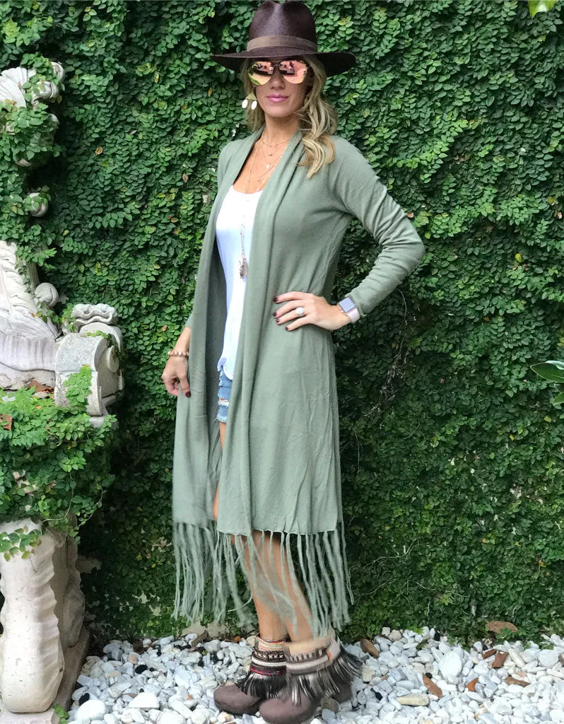 Zella Fringe Duster Cardigan in Moss