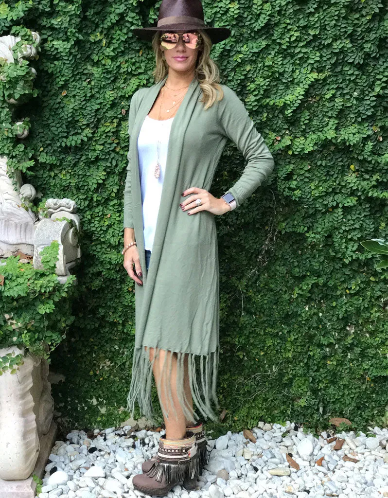 Zella Fringe Duster Cardigan in Moss